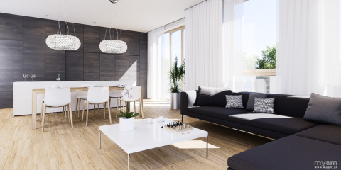 Living room with kitchen island in apartment in Poznan